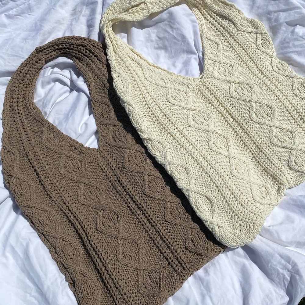 Cable Knit Tote Bags in Cream and Brown